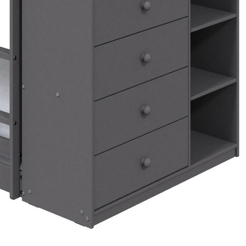Benzara BM284031 Twin Bunk Bed With Cabinet, 3 Compartments, Ladder, Gray