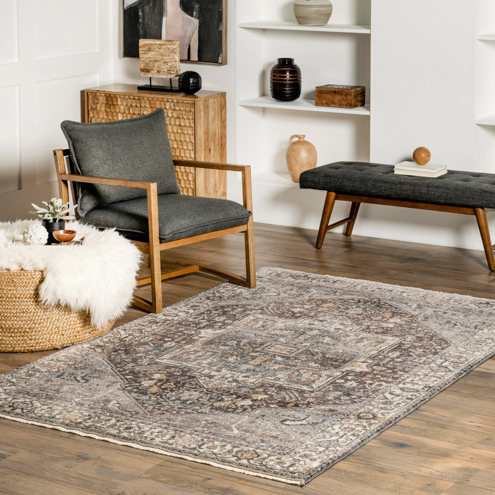 Nuloom Harriet Vintage Medallion Fringe Area Rug, Dark Gray 7'10"x9'8"
