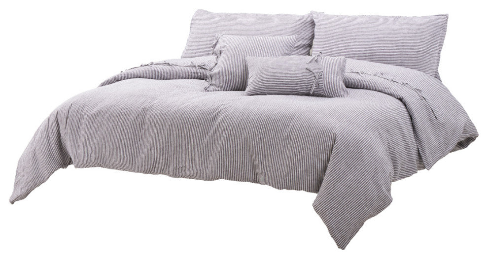 Grant 5-Piece Striped Linen Duvet Set, Charcoal, King