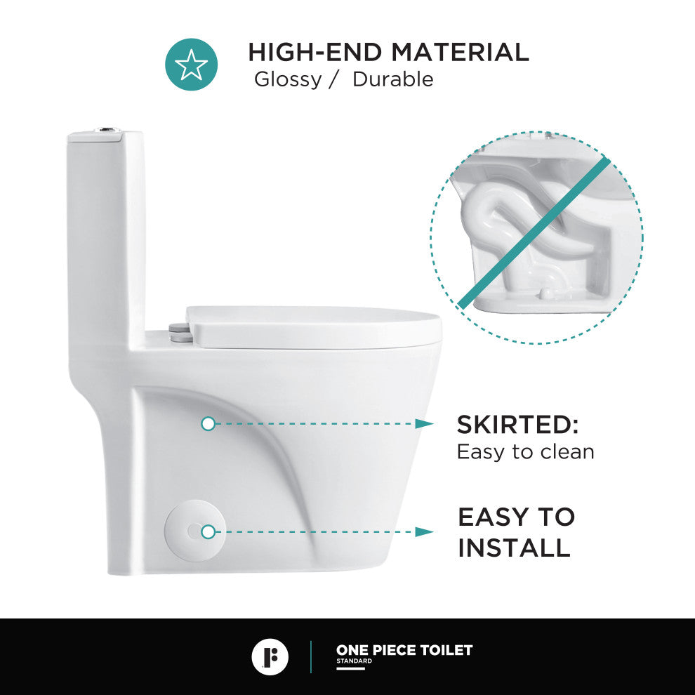 Fine Fixtures Dual-Flush Elongated One-Piece Toilet With High Efficiency Flush, White High Gloss