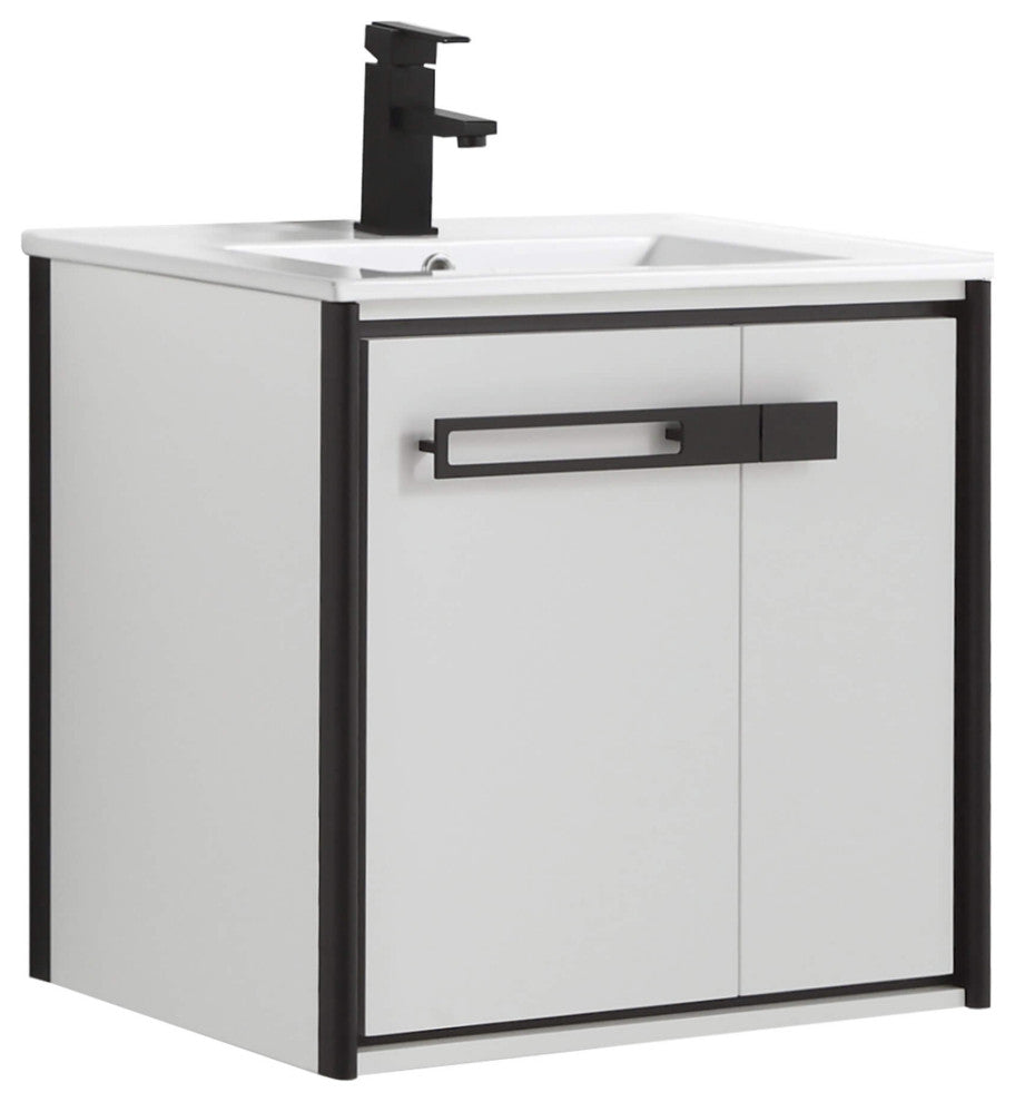Oakville Wall Mount Bathroom Vanity, White Matte, 24", Black Hardware
