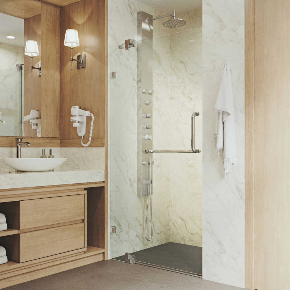 VIGO Pirouette 30" to 36" W x 72" H Frameless Pivot Shower Door, Chrome, Clear Glass