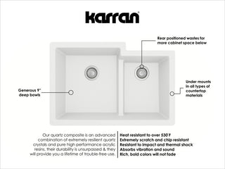 Karran 32" Undermount Large/Small Bowl Quartz Kitchen Sink, White