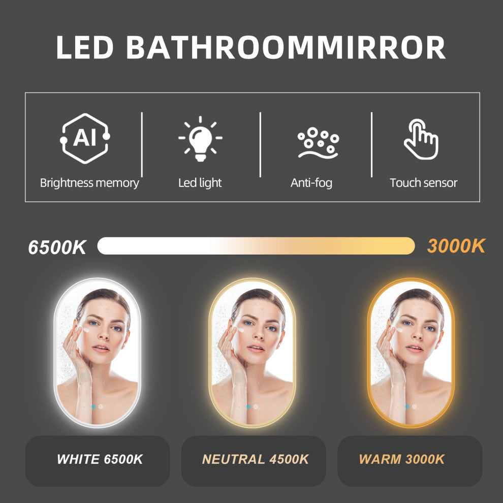 24 in. W x 40 in. H Glass Bathroom Mirror in Natural with Lights