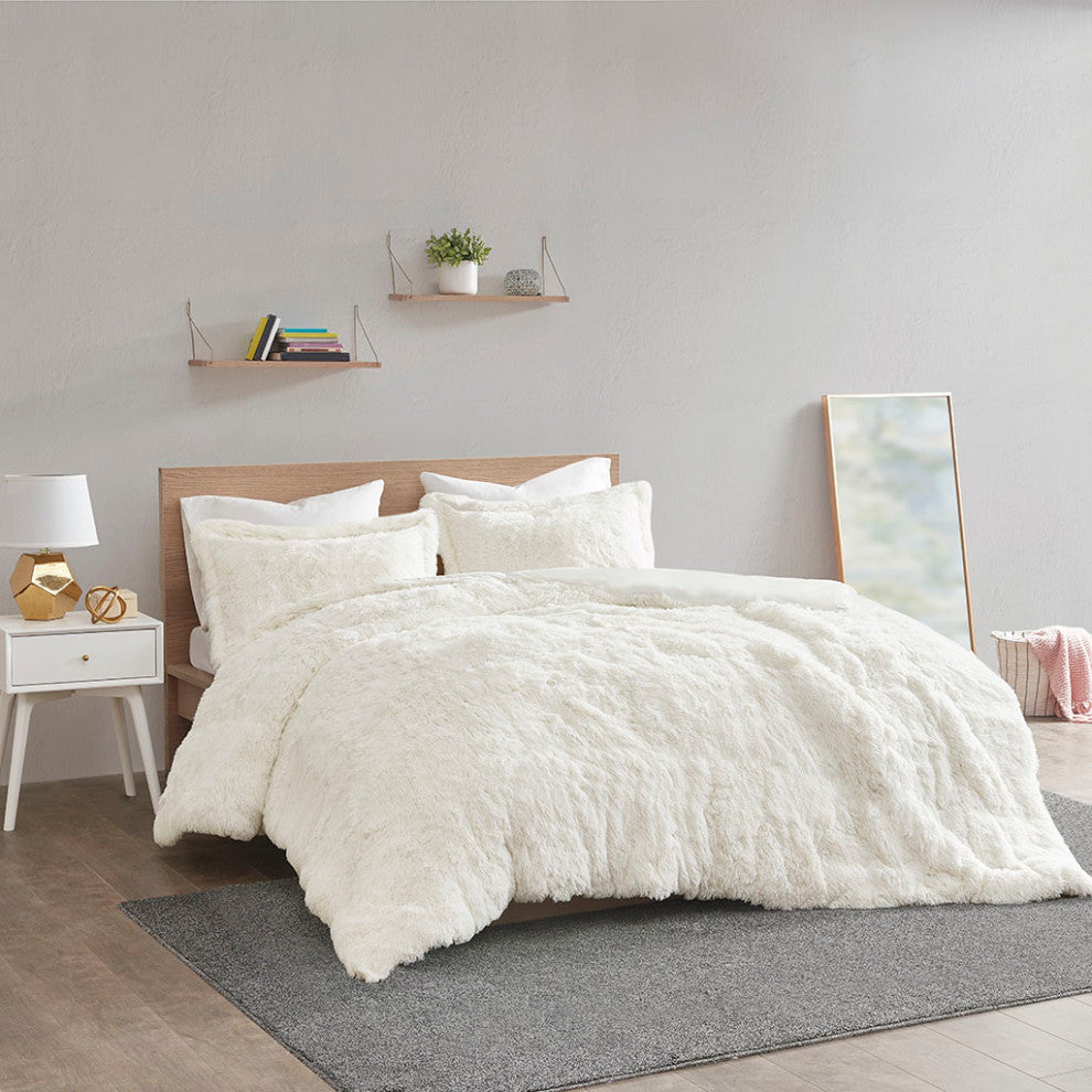 Intelligent Design Malea Shaggy Fur Duvet Cover Set, Ivory