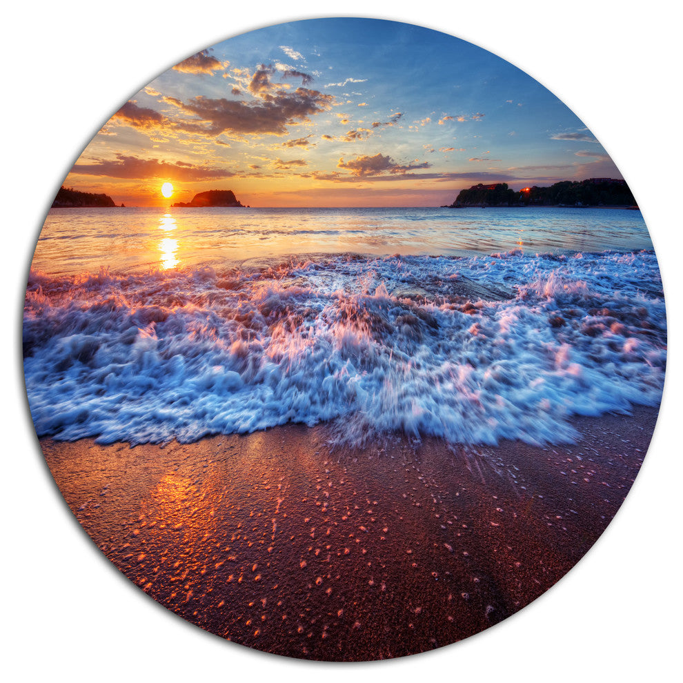 Blue Sea Waves During Sunset, Seashore Art Disc Metal Wall Art, 23"