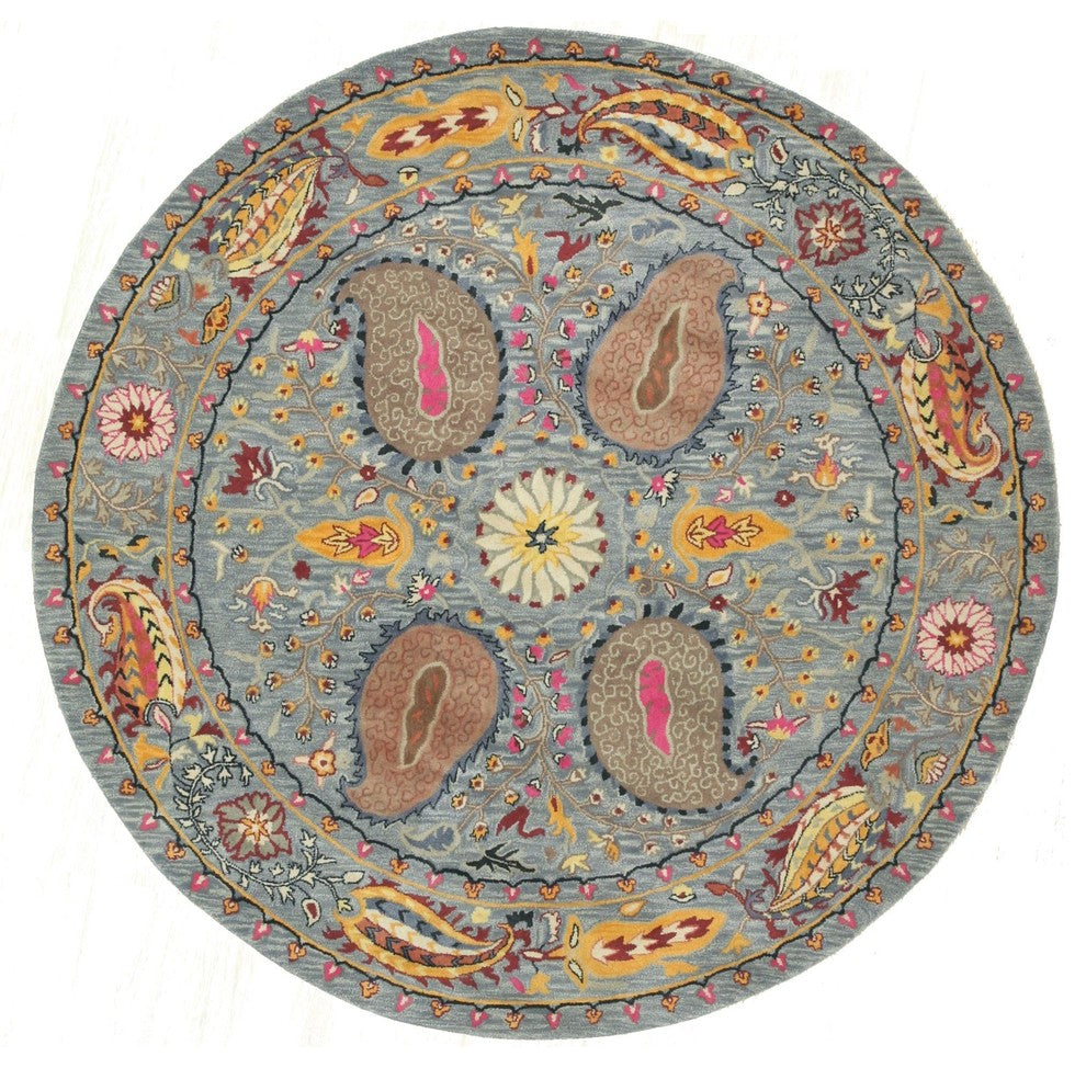 EORC Hand-tufted Wool Blue Transitional Floral Paisley Rug, Round 6''