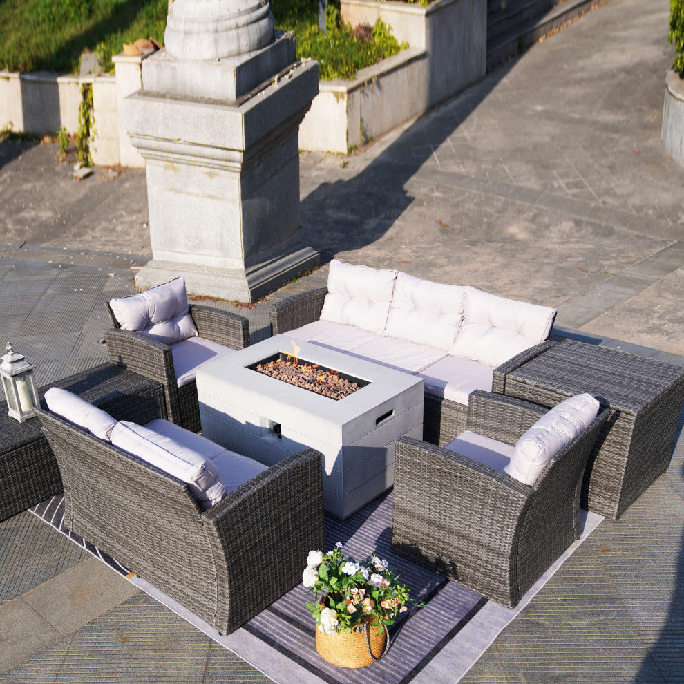 7-Piece Outdoor Rattan Conversation Sofa Set with Fire Pit Table, Brown, Rectangle