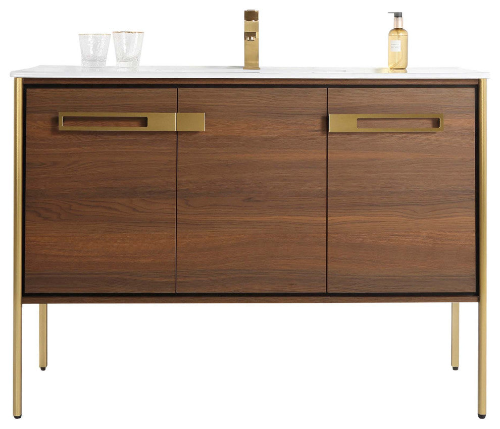 Oakville Bath Vanity, Ceramic Sink, Walnut Ebony, 48 Inch, Satin Brass Hardware