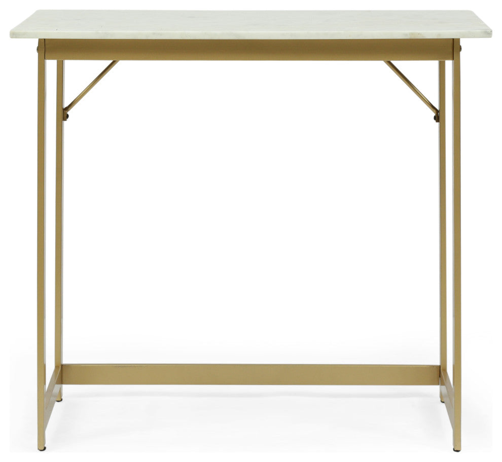 Fairborn Modern Glam Handcrafted Marble Top Desk, White and Gold