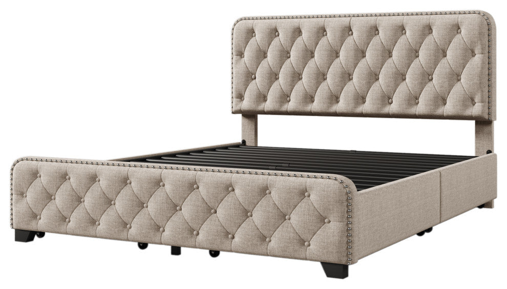 Metal Platform Bed with Headboard, Upholstered and 4-Drawer, Beige, 84.6" X 64.6"