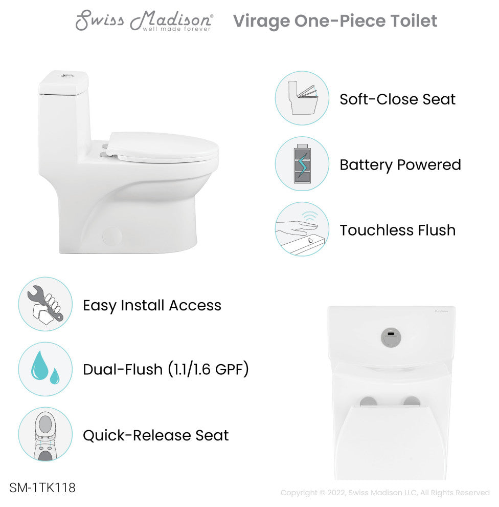 Virage One Piece Elongated Toilet With Touchless Retrofit Dual Flush 1.1/1.6