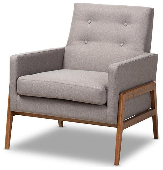 Perris Mid-Century Modern Gray Upholstered Walnut Wood Lounge Chair