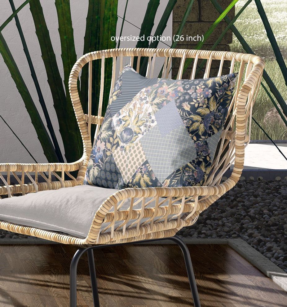 26" Blue Yellow Boho Floral Indoor Outdoor Throw Pillow