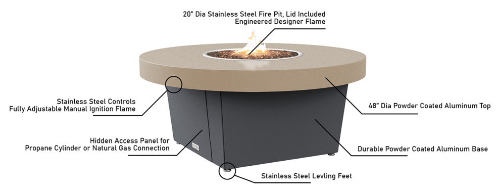 Circular Fire Pit Table, 48", Natural Gas, Beige Powdercoat Top, Black