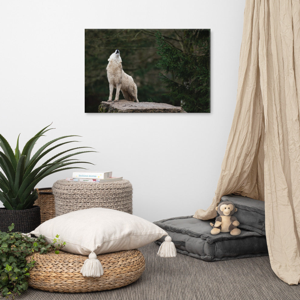 Howling White Wolf In The Forest Wildlife Photograph Canvas Wall Art Print, 24" X 36"