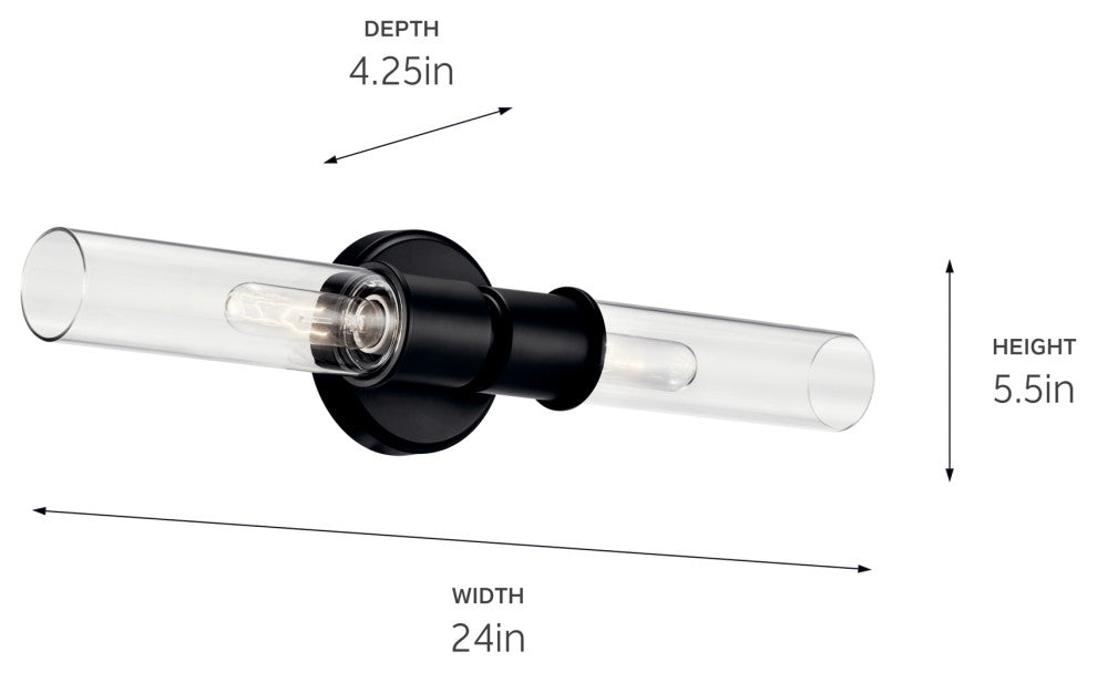 Aviv 24" 2 Light Wall Sconce With Clear Glass, Black