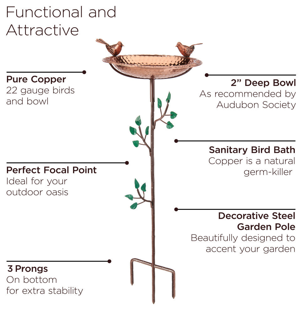 Pure Copper Bird Bath With 2 Copper Birds and Tree Theme Multiprong Garden Pole