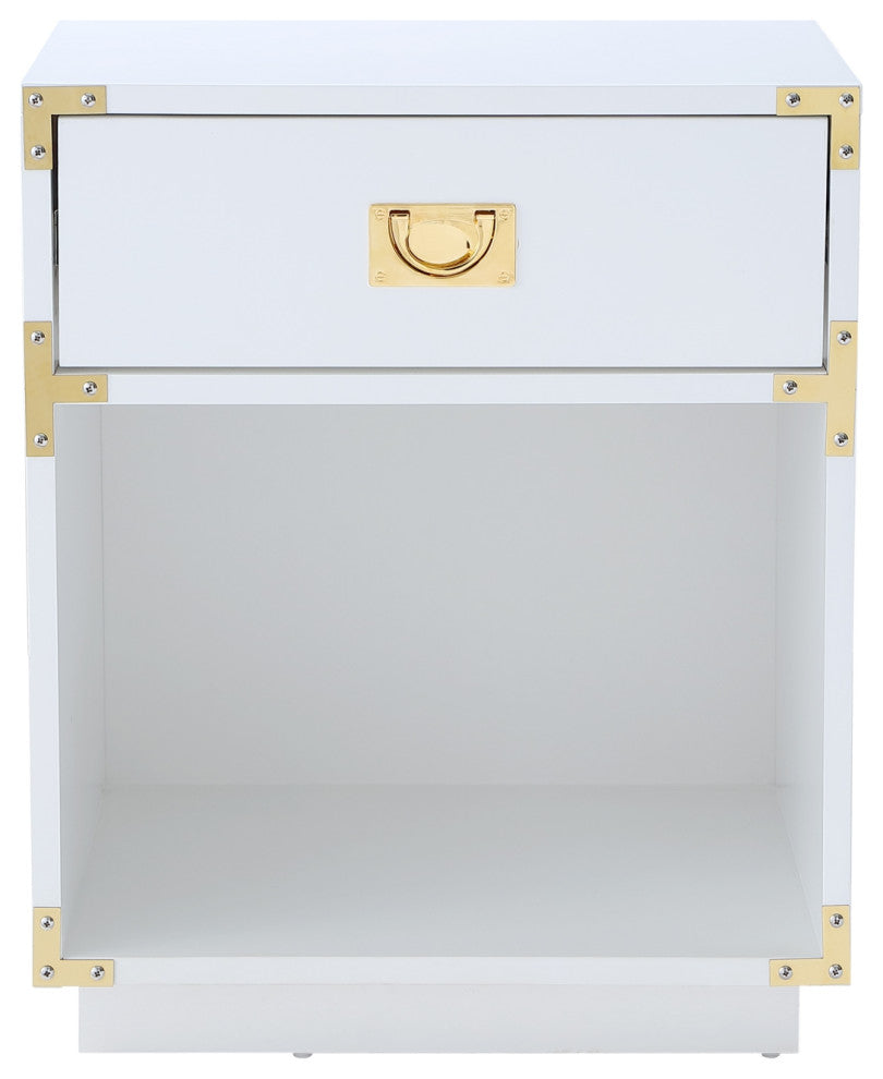 Leandro High Gloss Nightstand With Metal Corner Brackets, White