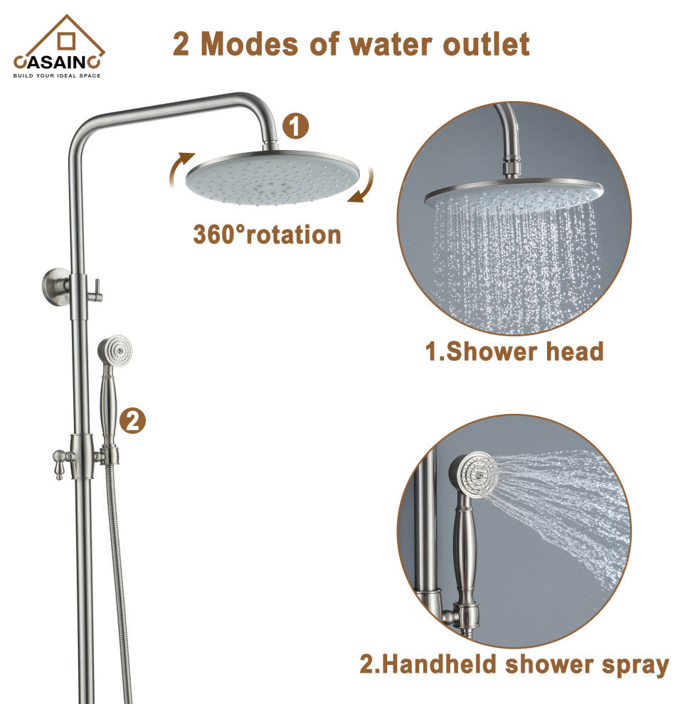 10inch Wall Mount Exposed Pipe Rainfall Shower System with Hand Shower, Brushed Nickel