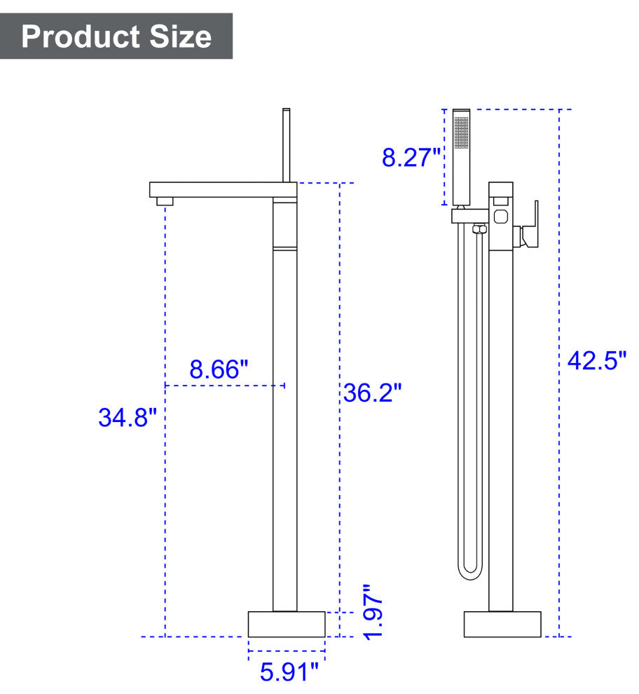 Wellfor Waterfall Floor Mounted Tub Faucet With Hand Held Shower, Brushed Gold