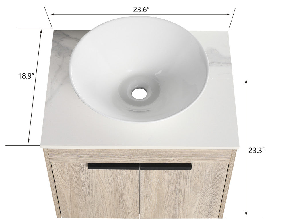 Wall-Mounted Bath Vanity, White Oak, White Ceramic Vessel Sink