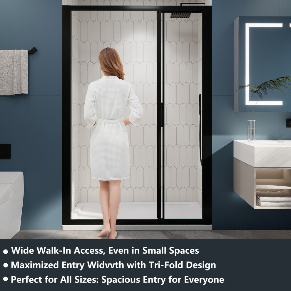 3-Panel Sliding Semi-Frameless Shower Door in Matte Black Finish, 54"x70"