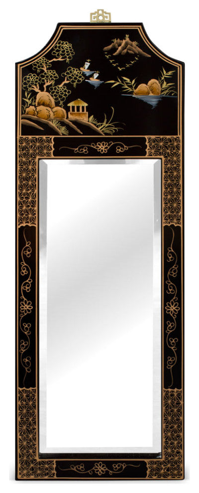 Black Lacquer Chinoiserie Scenery Motif Panel Oriental Mirror