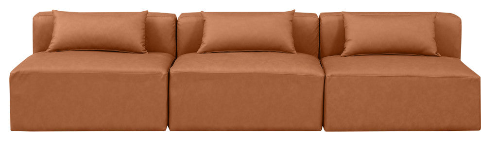 Cube Upholstered Modular Sofa, Cognac, 3-Piece: 3 Armless Chair, Vegan Leather