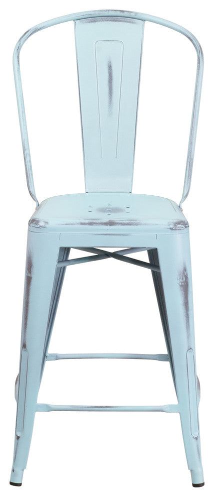 24" High Distressed Green-Blue Metal Indoor-Outdoor Counter Stool With Back