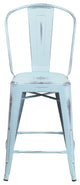 24" High Distressed Green-Blue Metal Indoor-Outdoor Counter Stool With Back