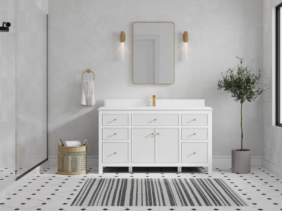 Sonoma 60 Single Sink Reeded Bathroom Vanity in White 1.5" White Quartz