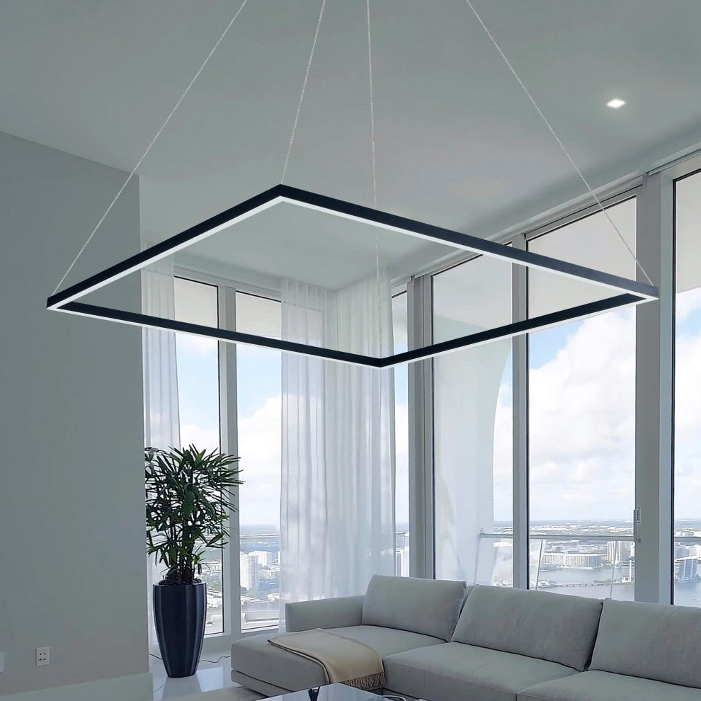 39" Atria LED Square Chandelier, Adjustable Suspension Fixture, Black