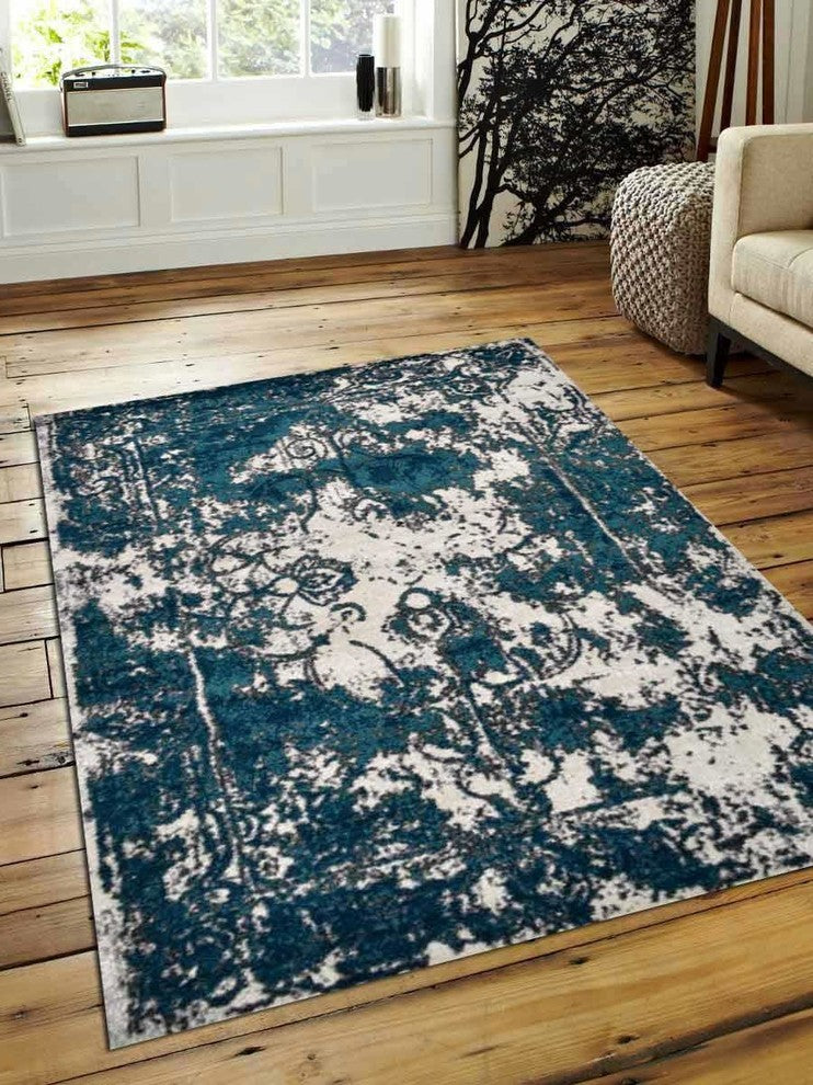Machine Woven Heatset Polypropylene Area Rug Abstract Ivory Blue, [Rectangle] 10'x13'