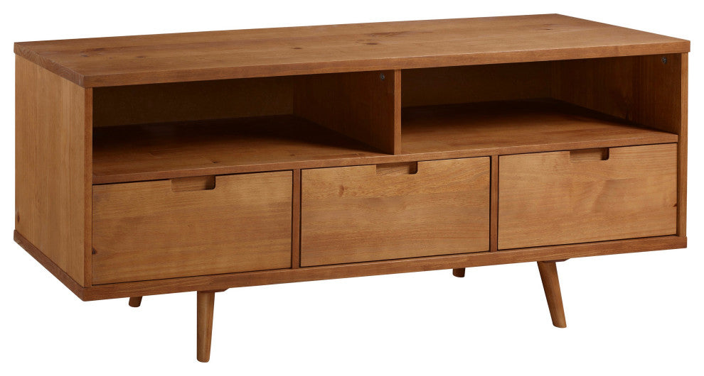 58" 3-Drawer Mid-Century Modern TV Stand, Caramel
