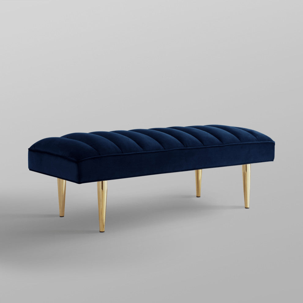 53" Navy Blue And Gold Upholstered Velvet Bench