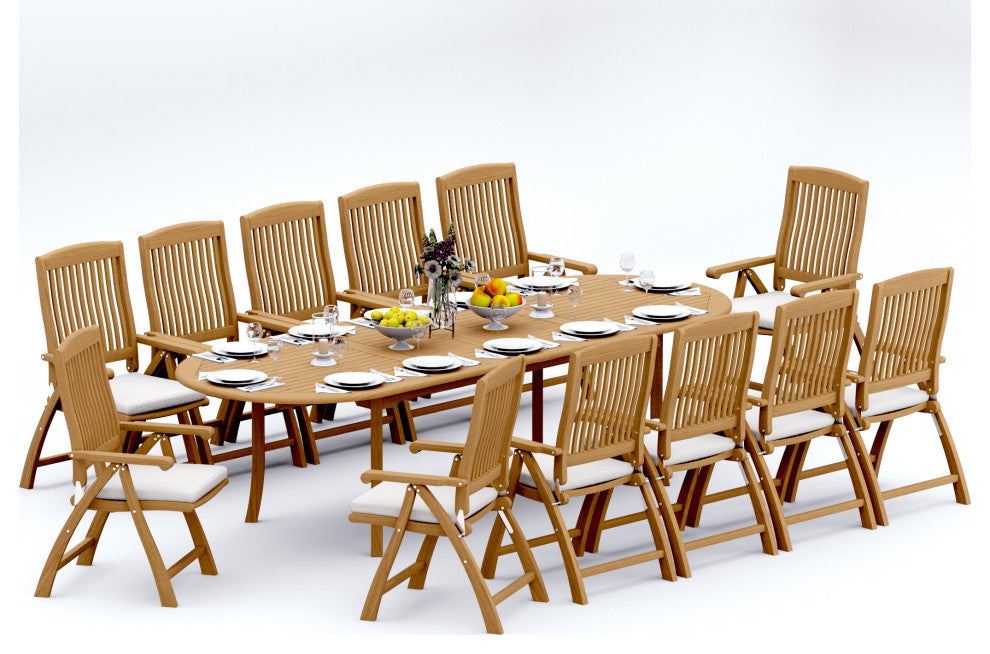 13-Piece Teak Dining Set, 117" Extension Oval Table, 12 Marley Arm Chairs