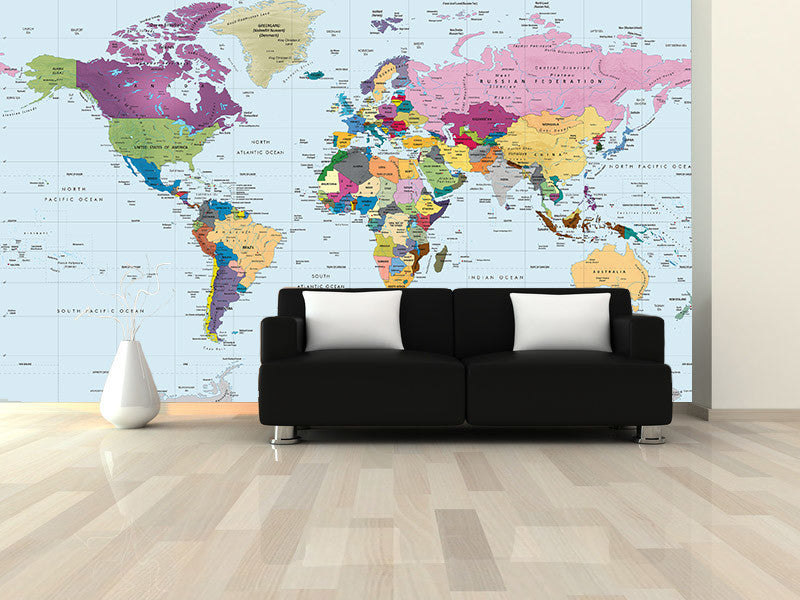 World Map Wall Mural, Colorful, 3 panel, 125"x84"