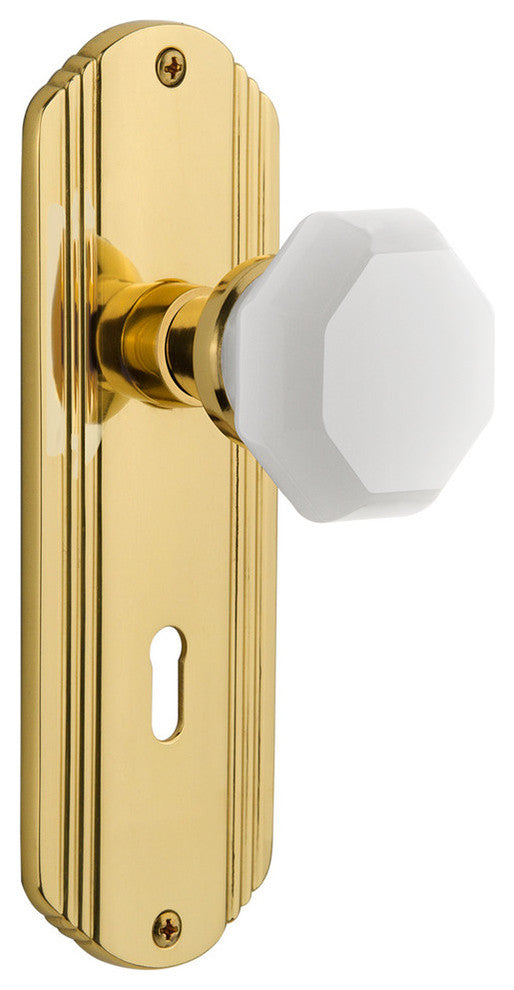 Deco Plate Interior Mortise Waldorf White Milk Glass Knob, Unlacquered Brass