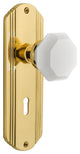 Deco Plate Interior Mortise Waldorf White Milk Glass Knob, Unlacquered Brass