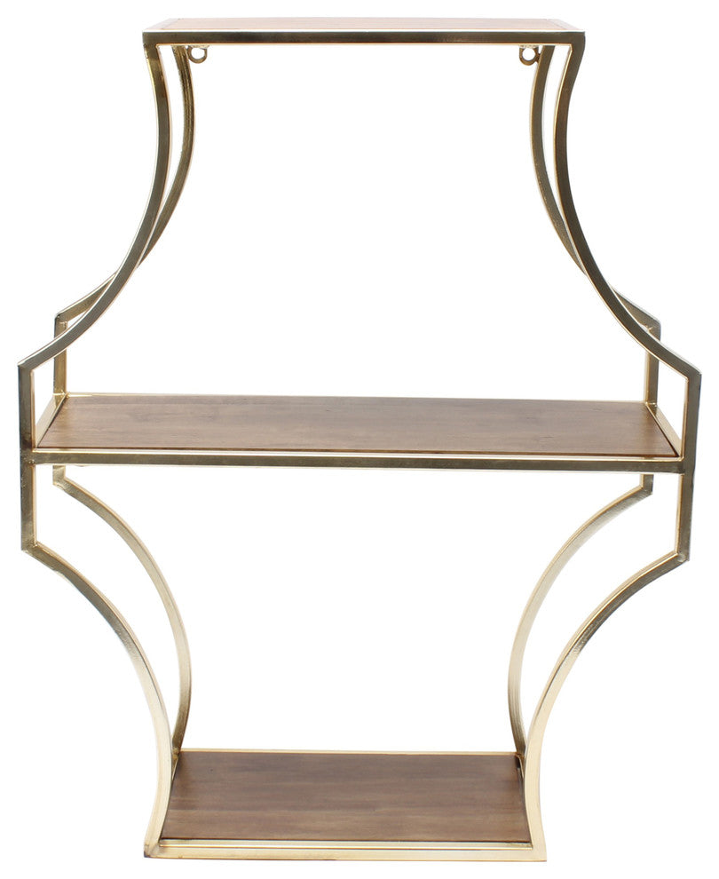Liara Floating 3 Shelves, Walnut Wood and Gold
