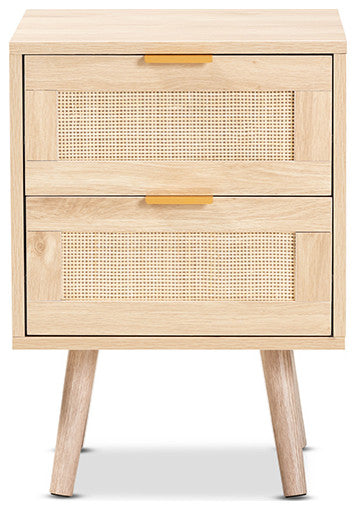 Lani Mid-Century Modern Light Oak Brown Wood and Rattan 2-Drawer Nightstand