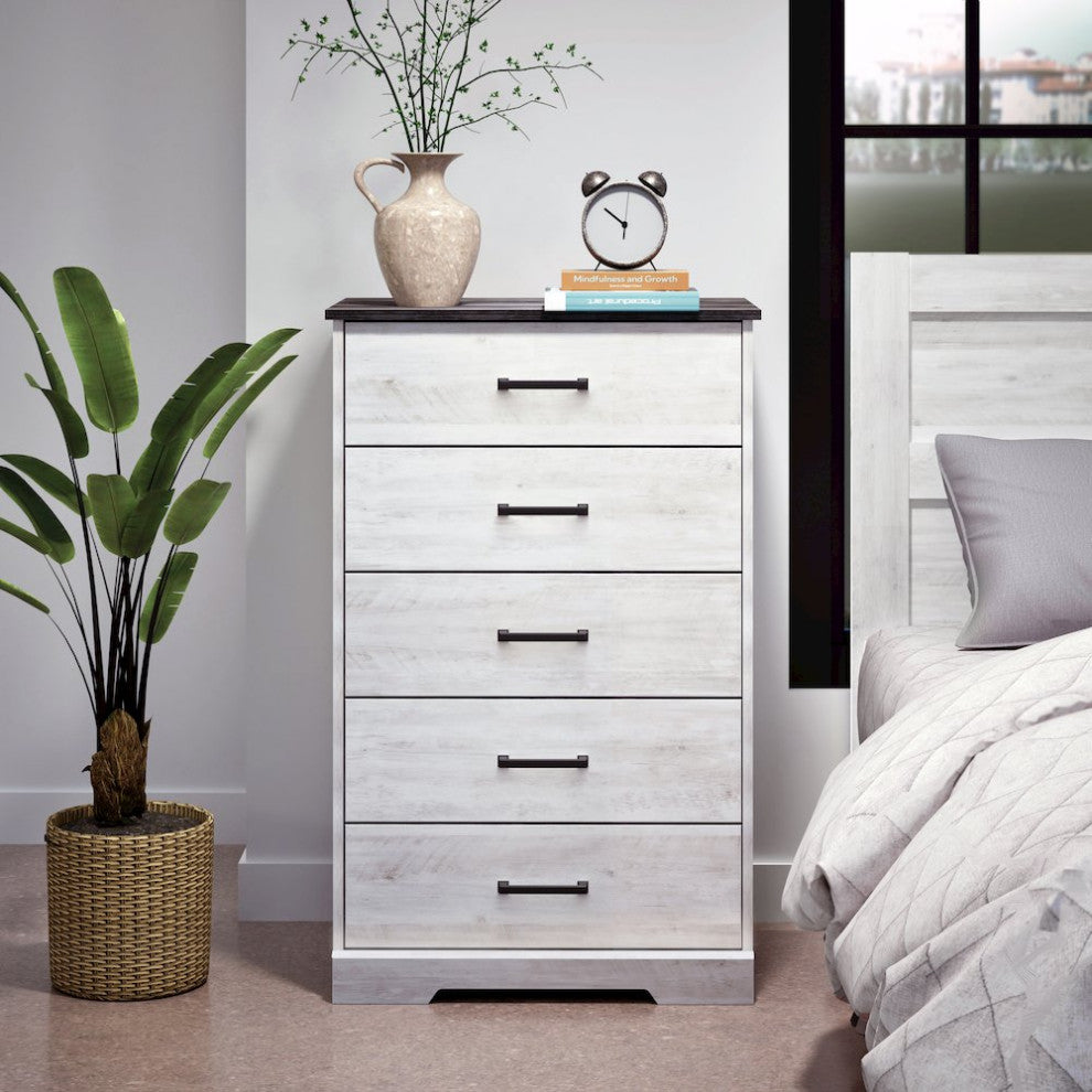 Rustic Ridge Washed White 5 Drawer 18.5D x 27.5W x 43.5H Dresser
