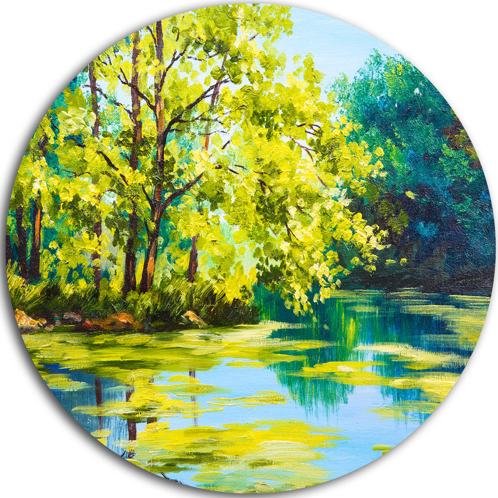 Blue Lake Under Green Tree, Landscape Painting Round Wall Art, 11"