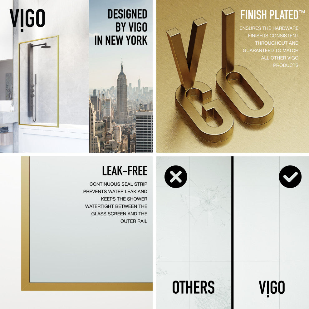 VIGO Meridian Framed Fixed, Matte Brushed Gold, Tub Screen, 34" W X 62" H, Clear Glass