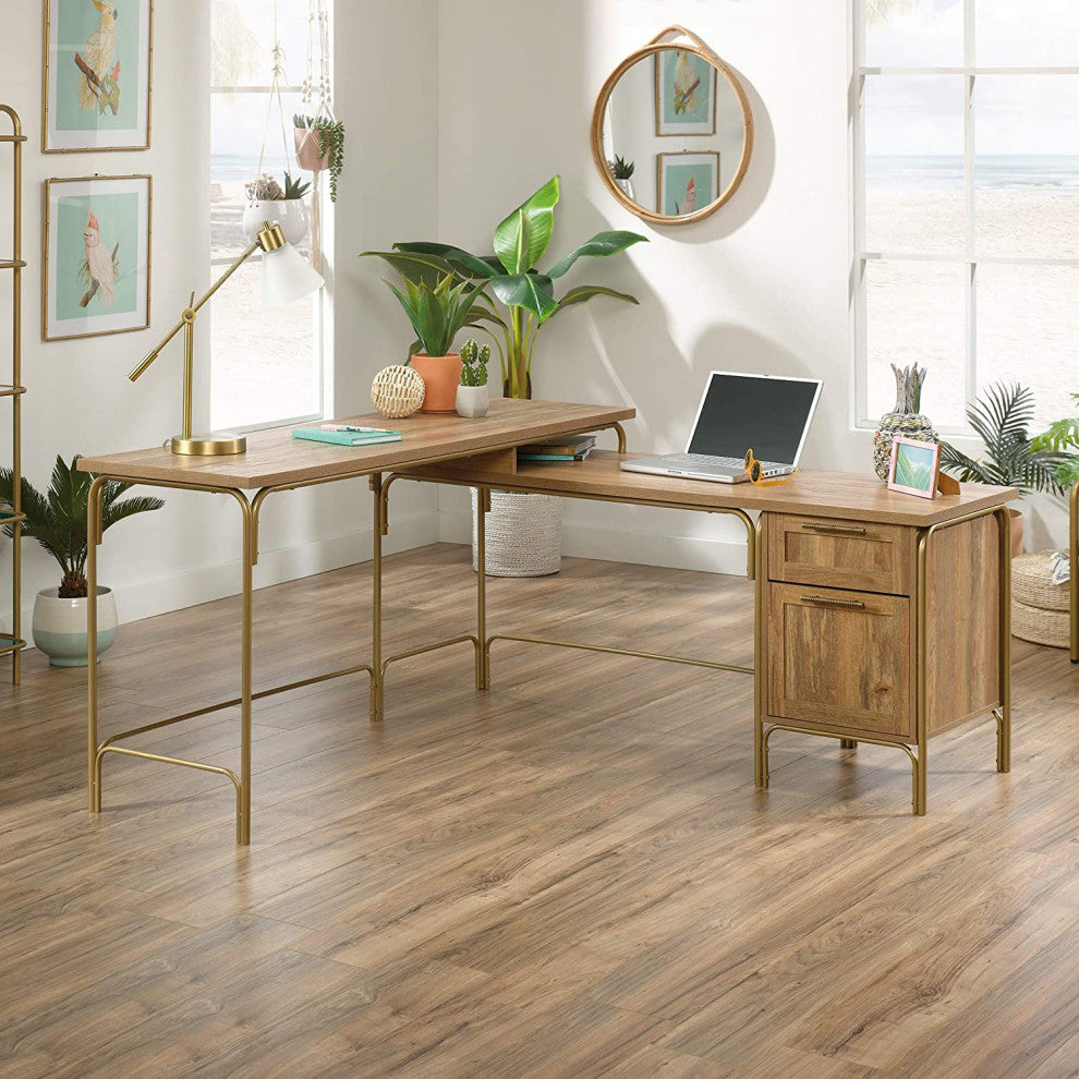 Unique L-Shaped Desk, Golden Metal Frame With Sindoori Mango Top and Drawers