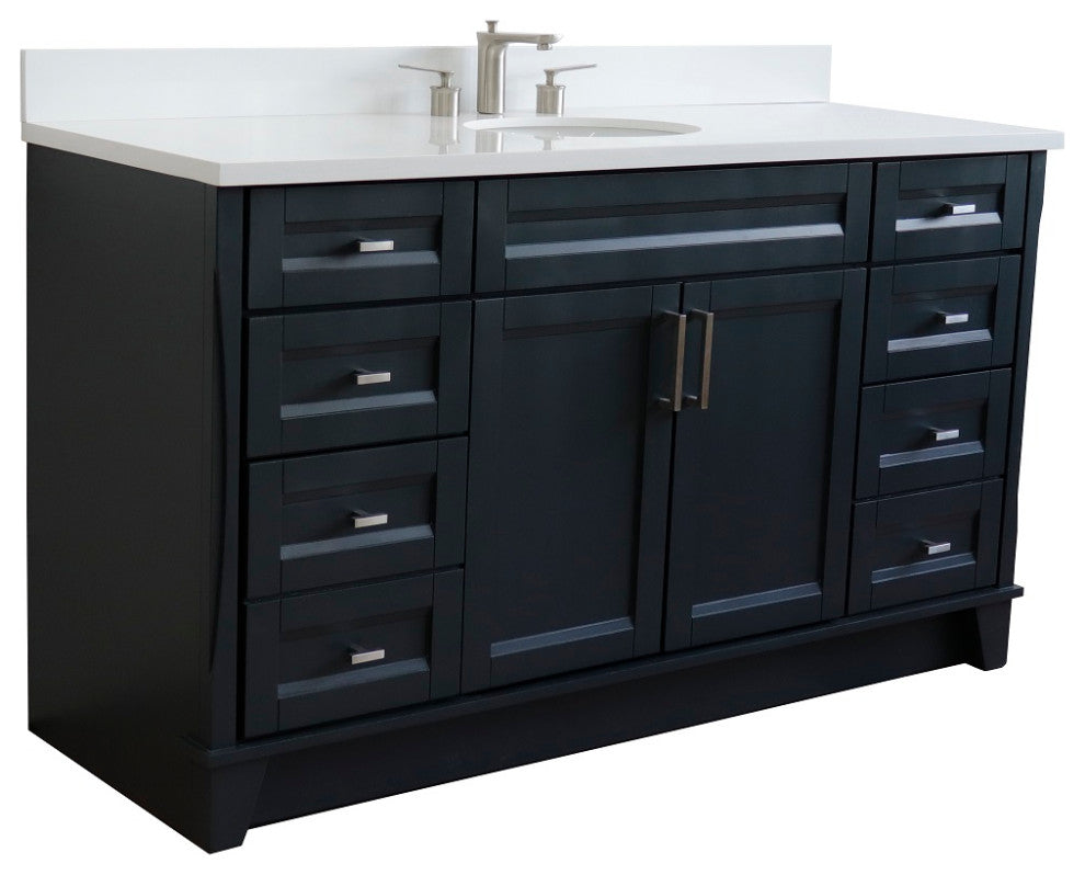 61" Single Sink Vanity, Dark Gray Finish And Engineered Stone Top And Oval Sink