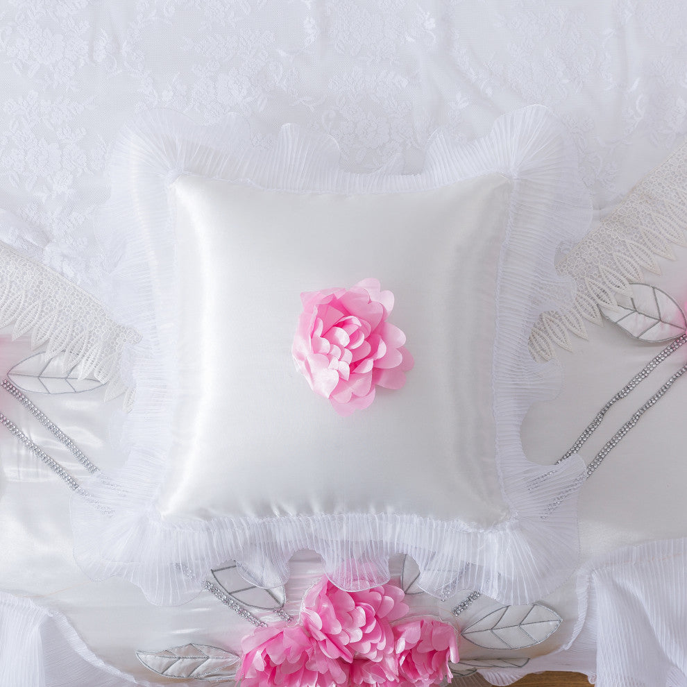 Tache 6-Piece Rose Pink White Satin Ruffled Bedding Set, Queen