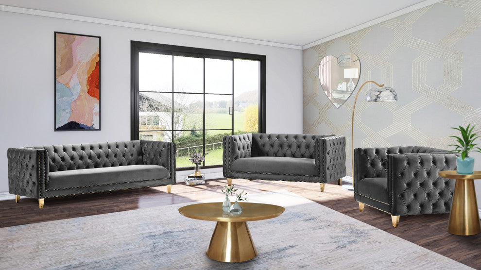 Michelle Fabric Upholstered Chair, Gold Iron Legs, Gray, Velvet, Sofa