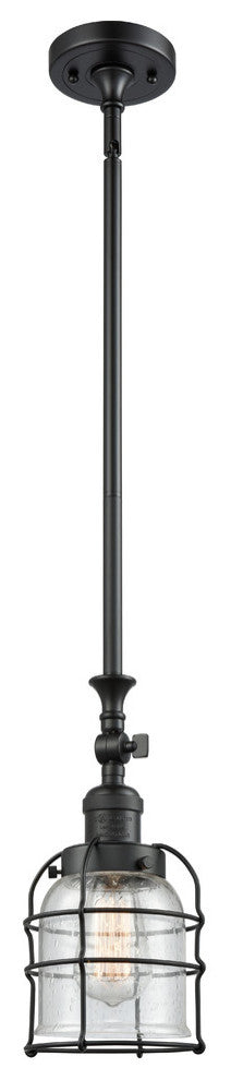 1-Light Small Bell Cage 8" Mini Pendant, Matte Black, Glass: Seedy